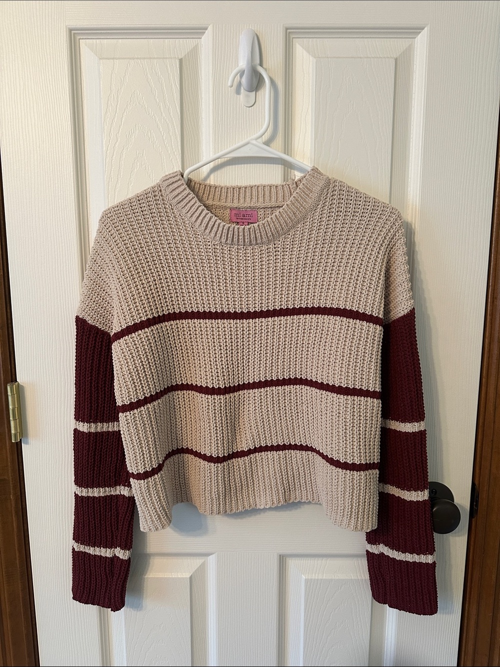 miami Beige & Burgundy Striped Crewneck Sweater
